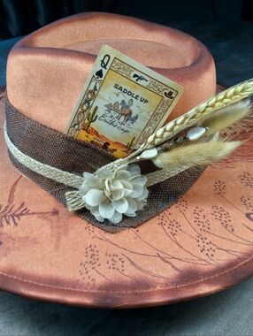 Rust Hand Burned Fedora Cowboy Hat With Horse and Outdoor Scene